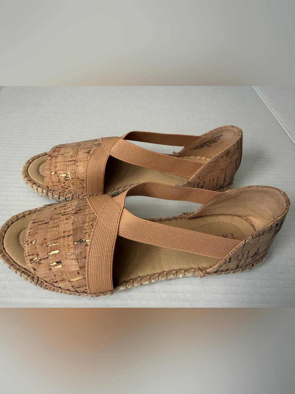 Talbots Ilyssa Tan Cork Espadrille Flat Sandals Stretch Straps Women's Size 5M